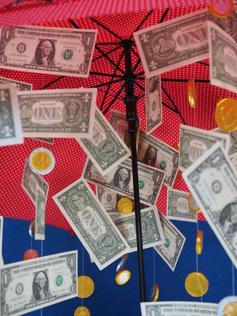 gift, money rain, dollar rain, umbrella, gift idea, coins, seem, hard money, money, currency, banknotes, laburnum, money blessing